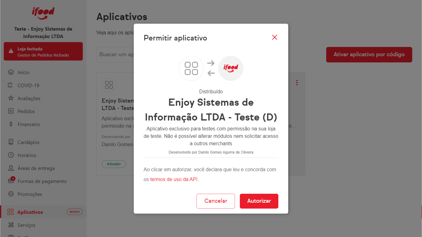 autorize o aplicativo Enjoy