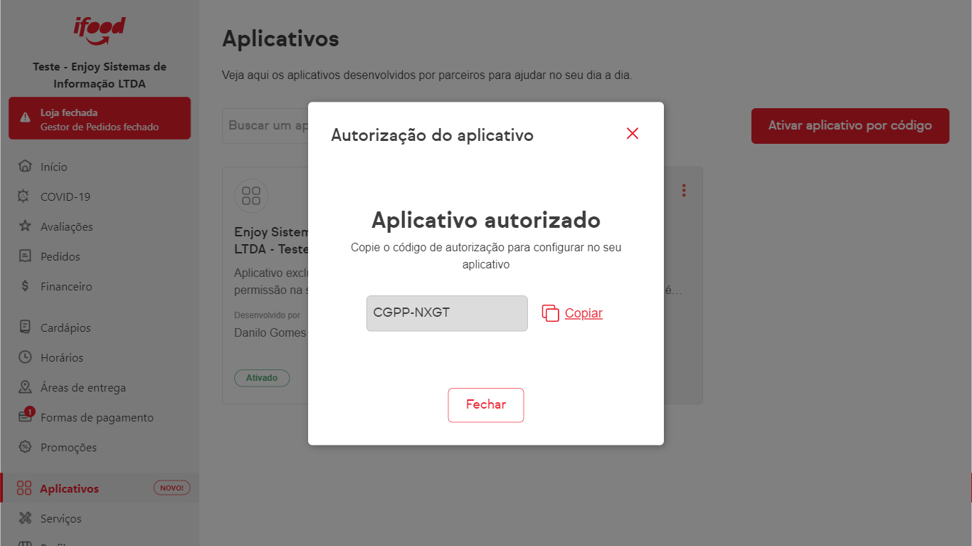 copie o código de autorização