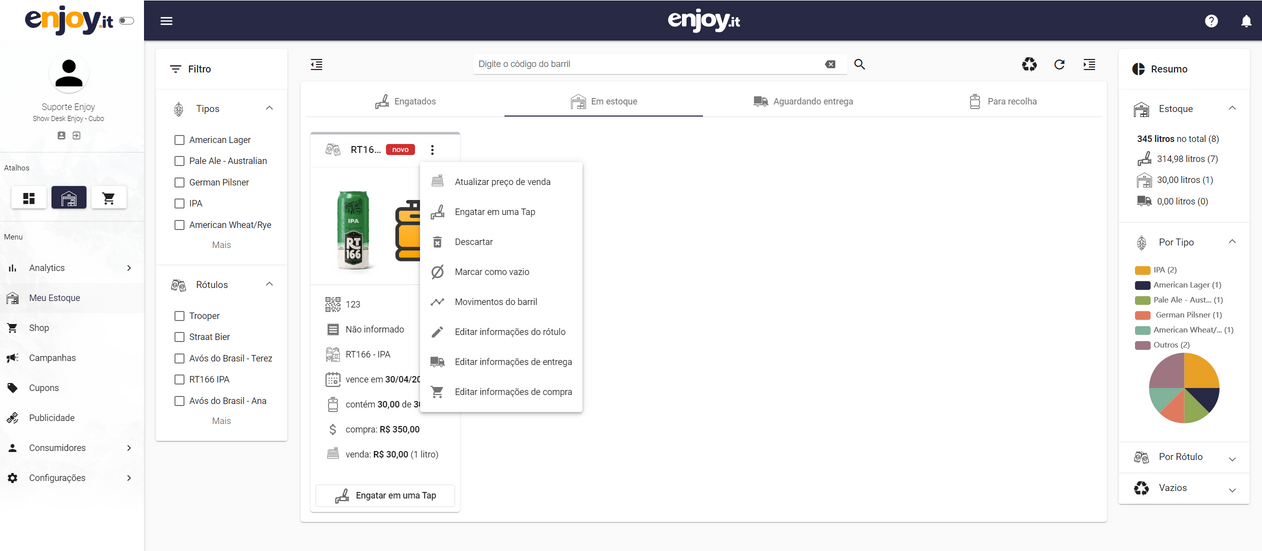 Menu do card com a opção Engatar em uma Tap