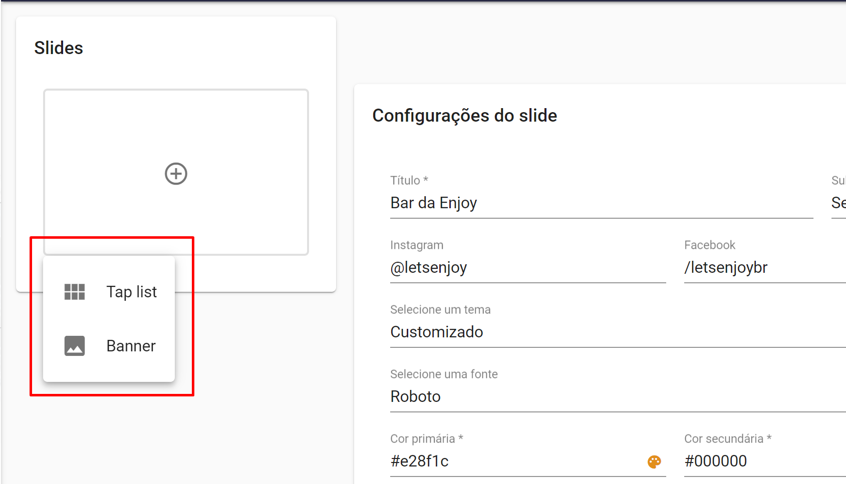 Dados do cabeçalho da Enjoy slideshow