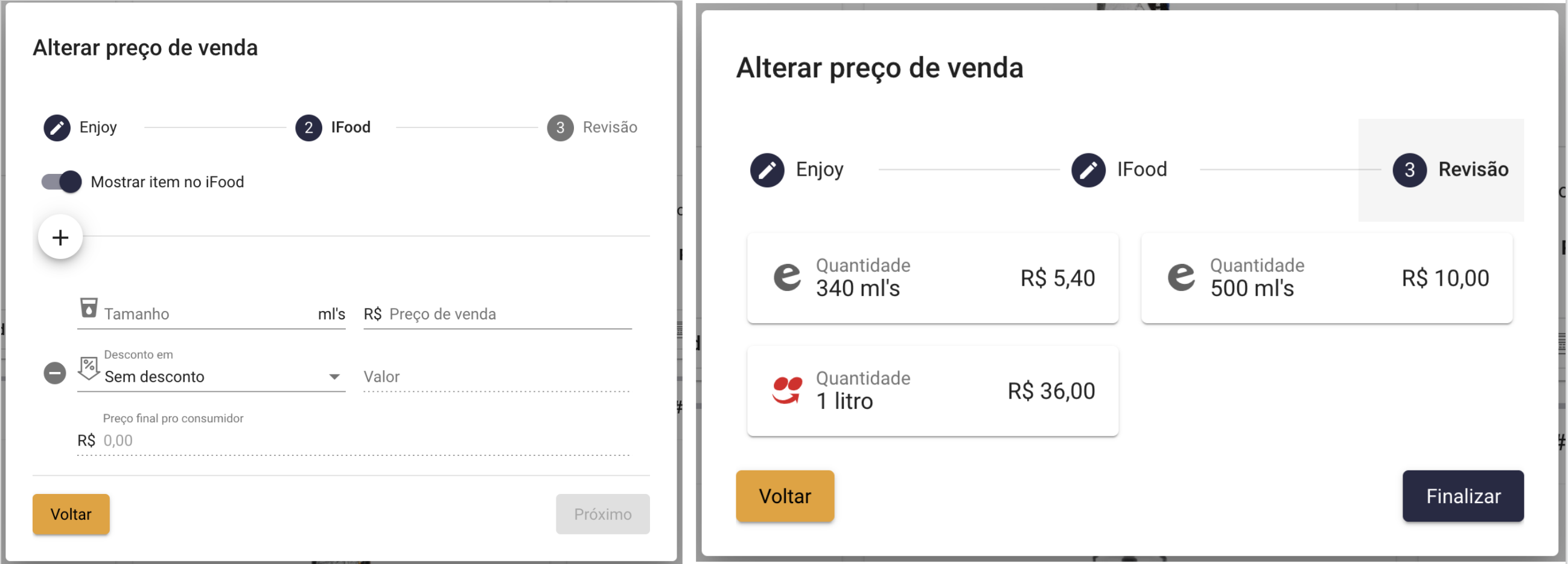 Preço de venda no iFood