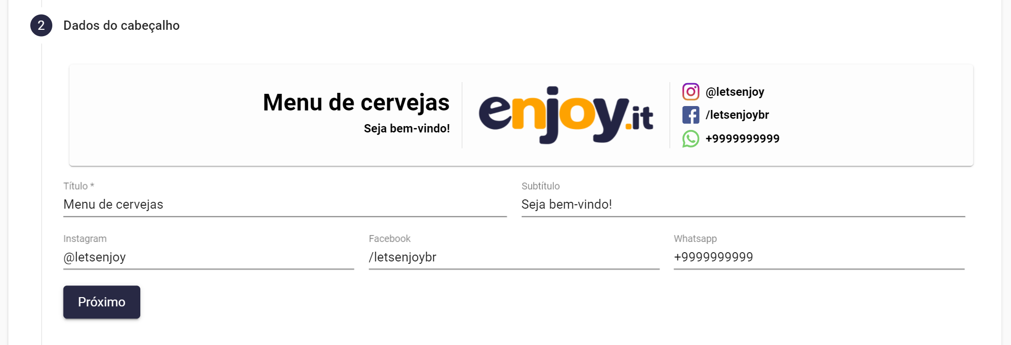 Dados do cabeçalho da Enjoy Tap List
