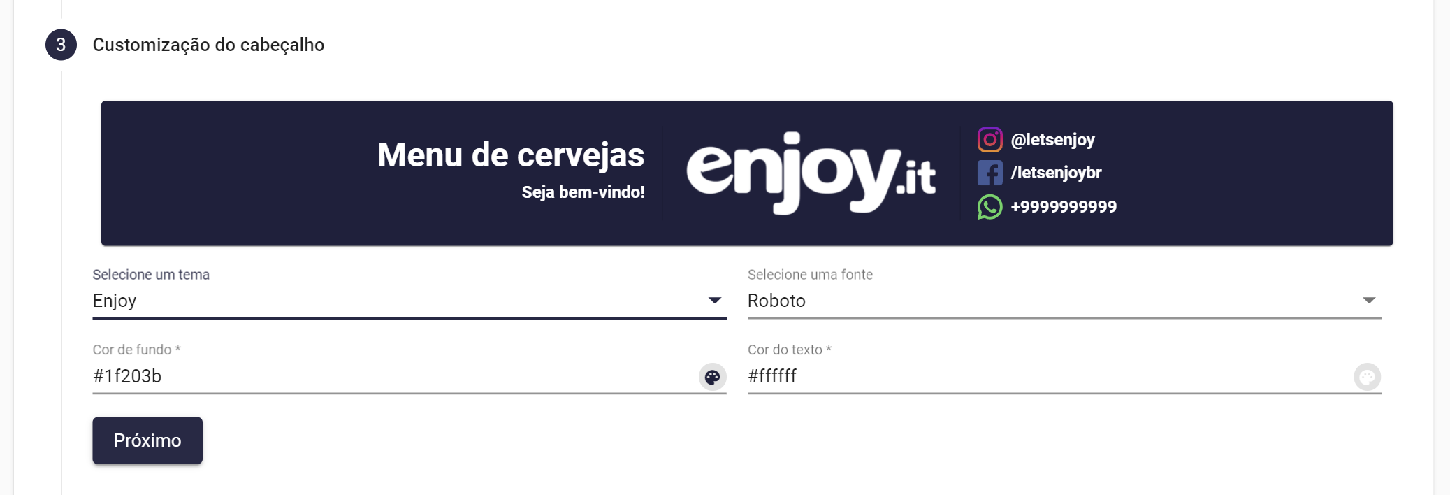 Customizações do cabeçalho da Enjoy Tap List