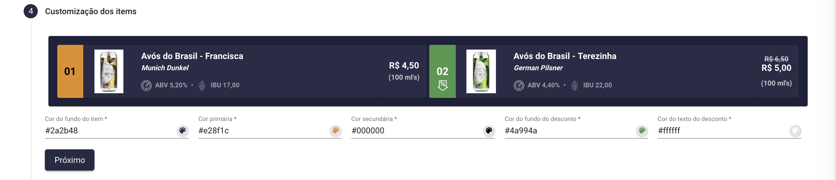 Customizações dos itens da Enjoy Tap List